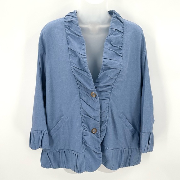 Mokachino Linen Blend Jacket 1X Women Plus Blue Snaps Ruched Trim Top 3/4 Slv - Picture 1 of 13